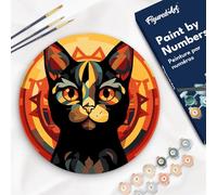 Figured'Art Peinture par Numéro Adulte sur Disque en Bois de 30cm de diamètre - Chat noir Art Déco - Kit de Loisir Créatif DIY Numéro d'Art Complet