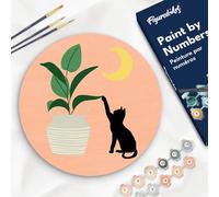Figured'Art Peinture par Numéro Adulte sur Disque en Bois de 30cm de diamètre - Chaton et Plante au clair de Lune - Kit de Loisir Créatif DIY Numéro d'Art Complet