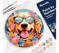 Figured'Art Peinture par Numéro Adulte sur Disque en Bois de 30cm de diamètre - Chiot fantaisie et des fleurs - Kit de Loisir Créatif DIY Numéro d'Art Complet