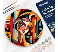 Figured'Art Peinture par Numéro Adulte sur Disque en Bois de 30cm de diamètre - Femme abstraite style Picasso - Kit de Loisir Créatif DIY Numéro d'Art Complet