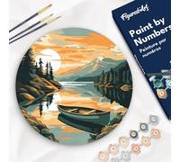 Figured'Art Peinture par Numéro Adulte sur Disque en Bois de 30cm de diamètre - Lac de montagne et canoë - Kit de Loisir Créatif DIY Numéro d'Art Complet