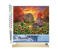Figured'Art Peinture par Numéro Adulte Tournesols Devant la Grange - Activité Manuelle Kit de Loisir Créatif DIY Numéro d'Art Complet - 40x50cm avec châssis en bois à monter