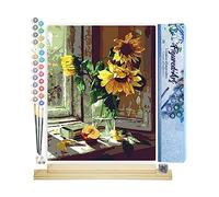 Figured'Art Peinture par Numéro Adulte Tournesols et Pomme Devant la Fenêtre - Activité Manuelle Kit de Loisir Créatif DIY Numéro d'Art Complet - 40x50cm avec châssis en bois à monter