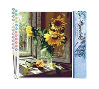 Figured'Art Peinture par Numéro Adulte Tournesols et Pomme devant la Fenêtre - Activité Manuelle Kit de Loisir Créatif DIY Numéro d'Art Complet - 40x50cm sans châssis en bois