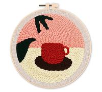 Figured'Art Punch Needle Kit Complet pour Adultes et Enfants - Chocolat Chaud et Feuilles - Parfait pour Débutant. Set prêt à broder taille 20x20cm avec cadre circulaire