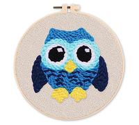 Figured'Art Punch Needle Kit Complet pour Adultes et Enfants - Chouette Bleue - Parfait pour Débutant. Set prêt à broder taille 20x20cm avec cadre circulaire