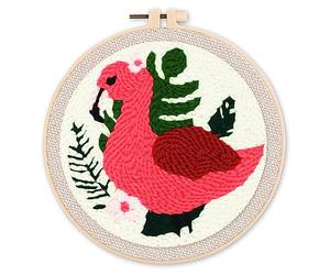 Figured'Art Punch Needle Kit Complet pour Adultes et Enfants - Flamant Rose et Feuillage - Parfait pour Débutant. Set prêt à broder taille 20x20cm avec cadre circulaire