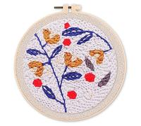 Figured'Art Punch Needle Kit Complet pour Adultes et Enfants - Houx sur Fond Bleu - Parfait pour Débutant. Set prêt à broder taille 20x20cm avec cadre circulaire