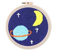 Figured'Art Punch Needle Kit Complet pour Adultes et Enfants - Lune Étoilée et Saturne - Parfait pour Débutant. Set prêt à broder taille 20x20cm avec cadre circulaire
