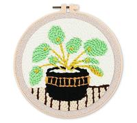 Figured'Art Punch Needle Kit Complet pour Adultes et Enfants - Plante et Pot Noir - Parfait pour Débutant. Set prêt à broder taille 20x20cm avec cadre circulaire
