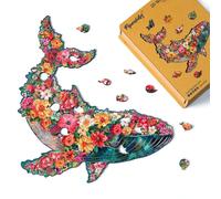 Figured'Art Puzzle en Bois Adulte et Enfant 200 pièces Animaux - Baleine Florale - Design Original 31,9x32 cm Forme Unique avec Coffret en Bois Premium, Parfait pour Offrir en Cadeau