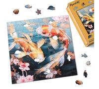 Figured'Art Puzzle en Bois Adulte 200 pièces Animaux - Carpe Koï et Fleurs - Design Original 28,5x28,5 cm Forme Unique avec Coffret en Bois Premium, Parfait pour Offrir en Cadeau