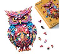 Figured'Art Puzzle en Bois Adulte 200 pièces Animaux - Chouette radieuse - Design Original 20,3x32 cm Forme Unique avec Coffret en Bois Premium, Parfait pour Offrir en Cadeau