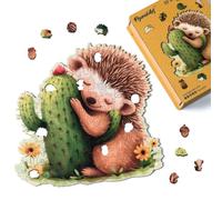 Figured'Art Puzzle en Bois Adulte et Enfant 200 pièces Animaux - Hérisson et Cactus - Design Original 28,2x28,5 cm Forme Unique avec Coffret en Bois Premium, Parfait pour Offrir en Cadeau
