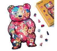 Figured'Art Puzzle en Bois Adulte et Enfant 200 pièces Animaux - Ours en Peluche Floral - Design Original 21,6x36 cm Forme Unique avec Coffret en Bois Premium, Parfait pour Offrir en Cadeau