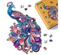 Figured'Art Puzzle en Bois Adulte et Enfant 200 pièces Animaux - Paon - Design Original 25,3x40,8 cm Forme Unique avec Coffret en Bois Premium, Parfait pour Offrir en Cadeau