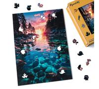 Figured'Art Puzzle en Bois Adulte 200 pièces - Coucher de Soleil et Rivière Transparente - Design Original 23x32,4 cm Forme Unique avec Coffret en Bois Premium, Parfait pour Offrir en Cadeau