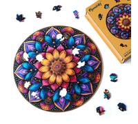 Figured'Art Puzzle en Bois Adulte 200 pièces - Mandala coloré - Design Original 28,5x28,5 cm Forme Unique avec Coffret en Bois Premium, Parfait pour Offrir en Cadeau