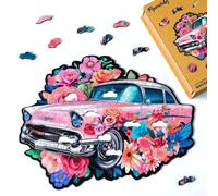 Figured'Art Puzzle en Bois Adulte 200 pièces - Voiture Florale Vintage - Design Original 35x27,7 cm Forme Unique avec Coffret en Bois Premium, Parfait pour Offrir en Cadeau