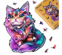 Figured'Art Puzzle en Bois Adulte et Enfant 200 pièces Animaux - Chat Coloré avec Gemme - Design Original 25,2x39 cm Forme Unique avec Coffret en Bois Premium, Parfait pour Offrir en Cadeau