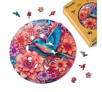 Figured'Art Puzzle en Bois Adulte et Enfant 200 pièces Animaux - Colibri et Fleurs Épanouies - Design Original 28,5x28,5 cm Forme Unique avec Coffret en Bois Premium, Parfait pour Offrir en Cadeau