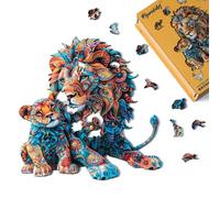 Figured'Art Puzzle en Bois Adulte et Enfant 200 pièces Animaux - Lion et Lionceau - Design Original 26,9x28,8 cm Forme Unique avec Coffret en Bois Premium, Parfait pour Offrir en Cadeau