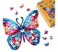 Figured'Art Puzzle en Bois Adulte et Enfant 200 pièces Animaux - Papillon Arc-en-Ciel Magnifique - Design Original 32x27,5 cm Forme Unique avec Coffret en Bois Premium, Parfait pour Offrir en Cadeau