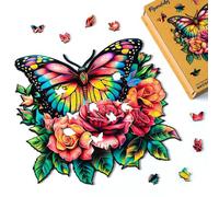 Figured'Art Puzzle en Bois Adulte et Enfant 200 pièces Animaux - Papillon et Roses - Design Original 29x28,3 cm Forme Unique avec Coffret en Bois Premium, Parfait pour Offrir en Cadeau