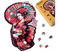 Figured'Art Puzzle en Bois Adulte et Enfant 200 pièces - Geisha et Ombrelle - Design Original 26x39,5 cm Forme Unique avec Coffret en Bois Premium, Parfait pour Offrir en Cadeau