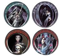 Figuren Shop GmbH Anne Stokes Lot de 4 assiettes - Dance with Death by Anne Stokes | Assiette gothique Fantasy Squelette Grim Reaper Faucheuse