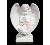 Figuren Shop GmbH Engel Bub Photophore avec cœurs et roses - 17,5 cm en pierre artificielle Putte, peint à la main avec inscriptions Peace Hope Dream Faith Love