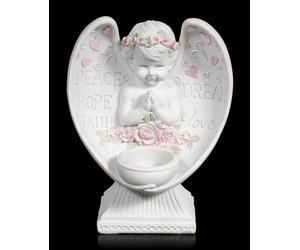 Figuren Shop GmbH Engel Bub Photophore avec cœurs et roses - 17,5 cm en pierre artificielle Putte, peint à la main avec inscriptions Peace Hope Dream Faith Love