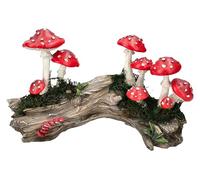 Figuren Shop GmbH Figurine de jardin champignons sur tronc d'arbre - Figurine décorative résistante aux intempéries avec ambiance forêt de fées pour jardin, terrasse et balcon, 23 cm de large