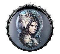 Figuren Shop GmbH Plaque en tôle avec capsules de couronne, loup et guerrière fantastique, 42 cm, décoration murale, plaque en métal, gothique