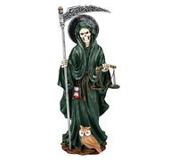 Figuren Shop Santa Muerte Figurine avec balance Vert 26,5 cm,Faucheuse Grim Reaper Fantasy Décoration Hibou Faux Sablier