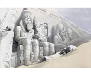 Figures colossales devant le grand temple d'Aboo-Simbel. D'après une œuvre de l'artiste écossais David Roberts 1796-1864 et du lithographe belge Louis Haghe 1806-1885. Extrait du volume 4 de la Terre