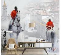 Figures Rétro Dessinées À La Main Représentant L'Architecture Urbaine Cheval Blanc Papier Peint 3D Installation Facile Intissé Tapisserie Bureau Salon Canapé Chambre Décoration Murale-350cm×256cm