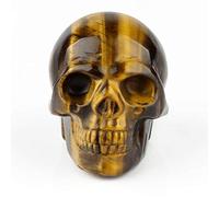 Figurine à collectionner œil de tigre de 50 mm avec têtes de mort sculptées dans une pierre naturelle de Reiki (œil de tigre jaune)