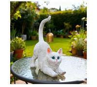 Figurine de chat ludique en pose extensible avec une petite cloche pour décoration d'intérieur en résine pour jardin ou salon (blanc)