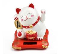 Figurine de chat porte-bonheur à énergie solaire - Maneki Neko japonais agitant la main pour voiture, tableau de bord, décoration de bureau - Fortune en plastique pour Nouvel An - Blanc