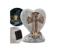 Figurine de cimetière Croix solaire LED en pierre décoration de tombe CŒUR pour monument 14x10x18 cm