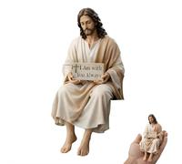 Figurine de compagnon de bureau en résine avec panneau « I Am with You Always » - Petite statue de Jésus assis - Figurines de Jésus chrétien pour voiture, tableau de bord, maison, bureau, décoration