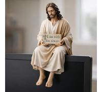 Figurine de compagnon de bureau en résine faite à la main, motif Jésus Christ assis, panneau « I Am with You Always » pour décoration de tableau de bord de voiture, décoration de table, cadeau