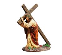 Figurine de de Jésus - Résine peinte à la main, petit Christ portant une poutre en bois sur le chemin du calvaire | Produits bien faits main artisanat religieux classique pour église