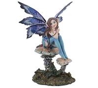 Figurine de fée bleue assise sur un champignon de 15 cm