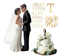 Figurine de gâteau de mariage couple de mariés en plastique avec 26 lettres | Figurines de couleur peau de 11 cm avec mariée et marié, décoration de gâteau de mariage Mr & Mrs pour fête de mariage et