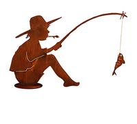 Figurine de jardin Manni avec poisson - 60 x 90 cm - Sur plaque en patine - Résistant aux intempéries - En métal rouillé - Décoration de bassin - Figurine maritime