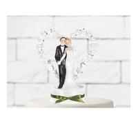 Figurine de mariage - PARTYDECO - Couple de mariés - 16 cm - Coeur blanc - Résine ornée de fleurs