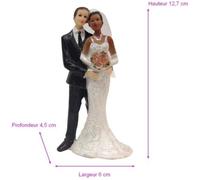 Figurine de mariage - Unique - Couple mariés mixte - Femme noire et homme blanc - 12,7 cm - Résine