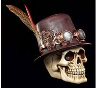 Figurine de tête de mort Steampunk avec chapeau et plume - Crâne tête de mort gothique - Décoration